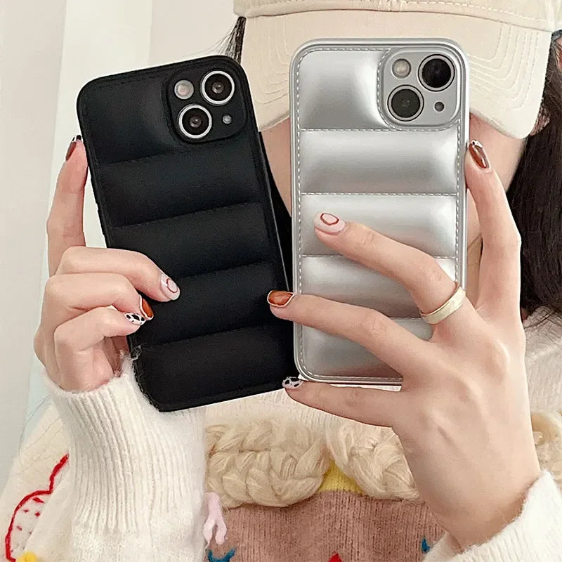 Luxury Down Jacket fine hole silicon case for iPhone 16 15 14 13 12 11 XR XS Pro Max Plus soft protection phone cover for winter